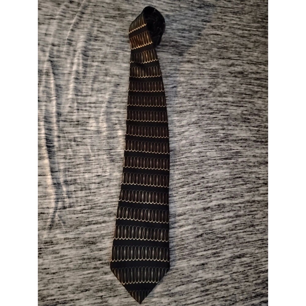 Neo Bill Blass Black Gold Geometric Repeating Vertical Oval 100% Silk Tie